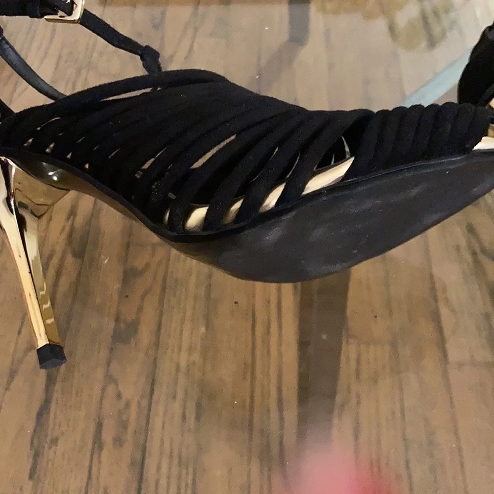 Black Suede Heels with Gold Chrome Heel size 37 4” heel height - Picture 6 of 7